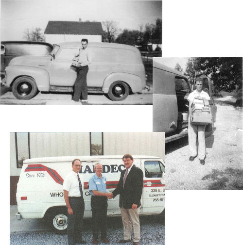 Three pictures of some of the original Hardec's delivery vans.